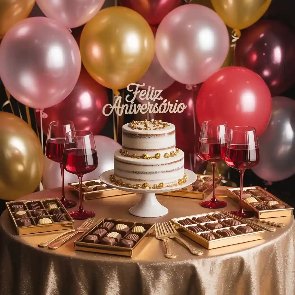 Mesa decorada com chocolates, vinho, bolo e balões de aniversário