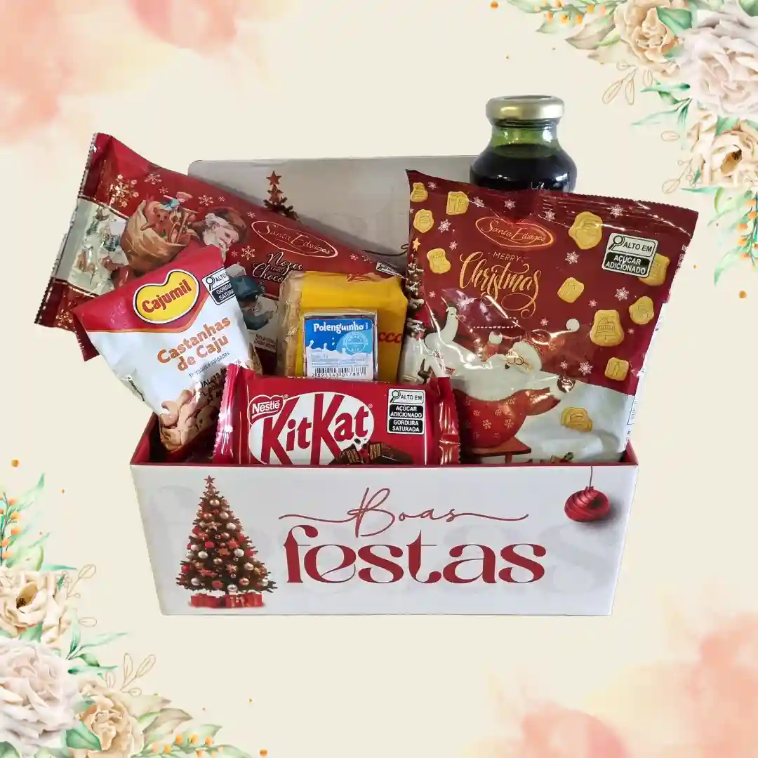 Caixa Natal Aconchego Gourmet com Suco Integral, Bolo Santa Edwiges e KitKat