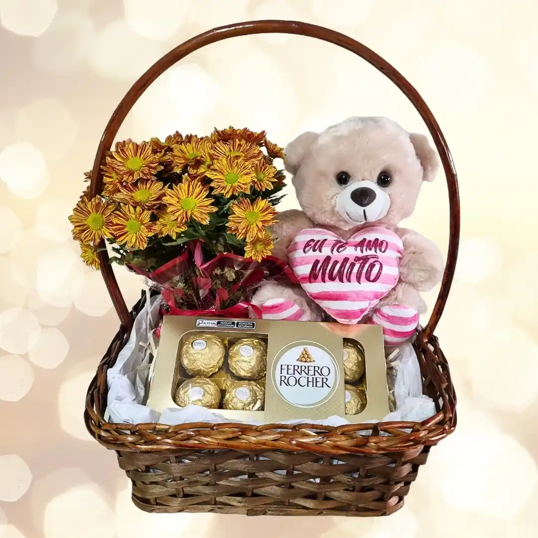 Cesta Amor em Flor é uma combinação romântica de beleza, doçura e afeto — o presente ideal para celebrar o Amor
            com elegância e emoção