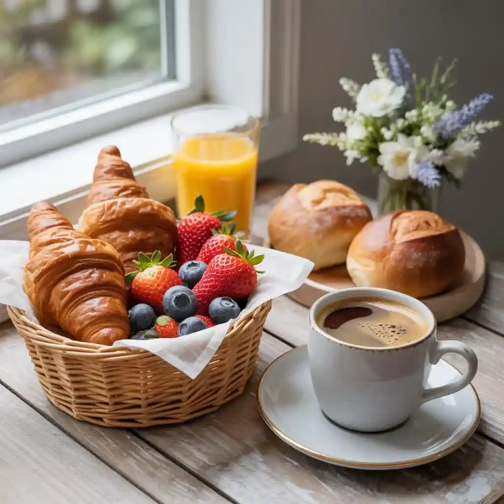 Cesta de café da manhã com croissants, frutas e café