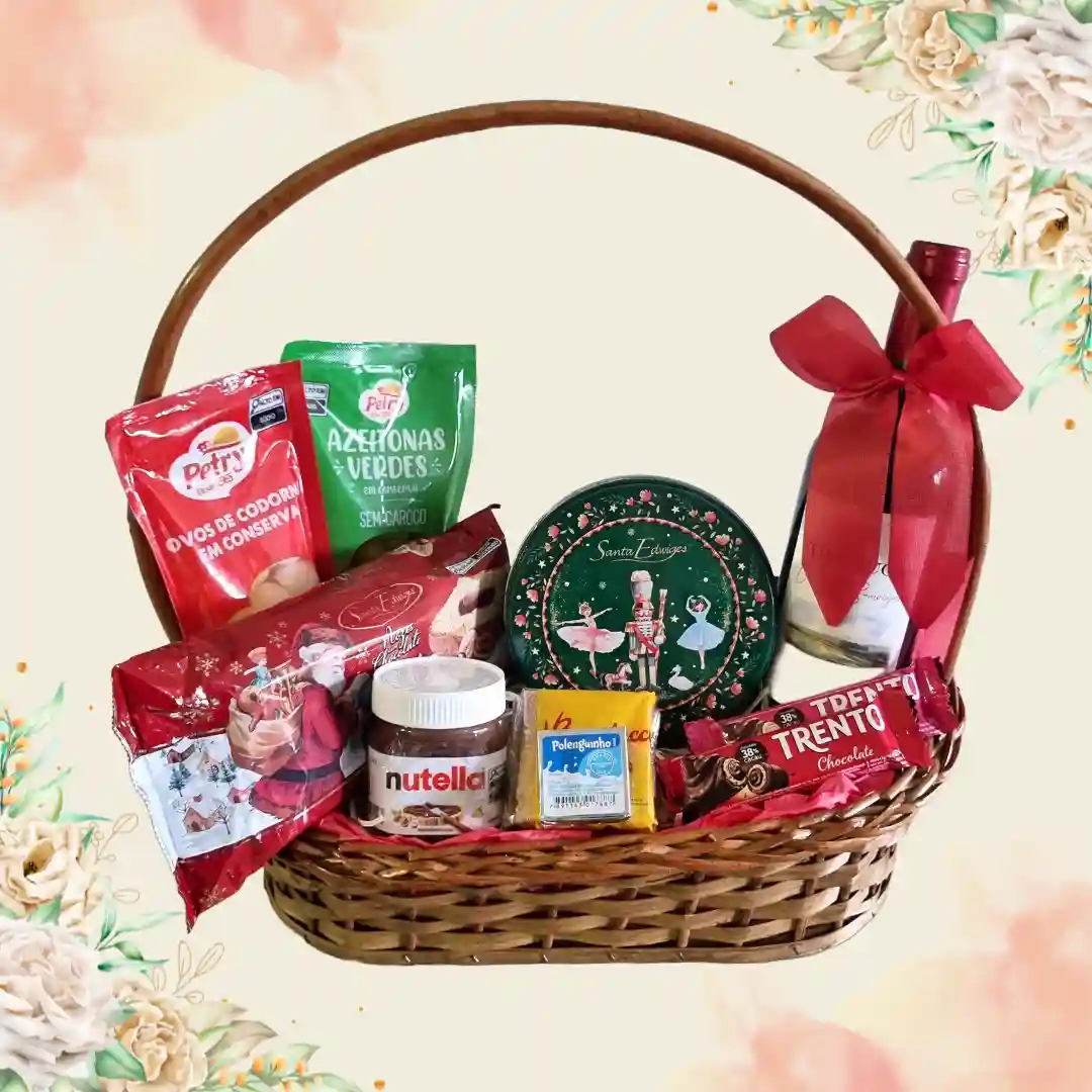 Cesta Natalina Encantos com vinho, panetone e biscoitos natalinos em Porto Alegre