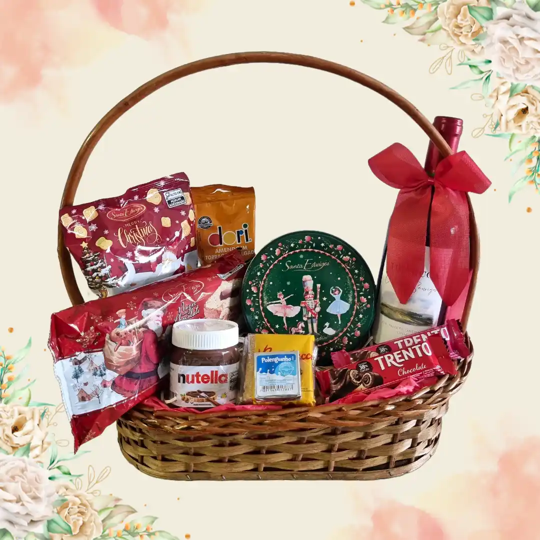 Cesta Natal Premium com vinho ou espumante, biscoitos, chocolates, Nutella e muito mais em Porto Alegre