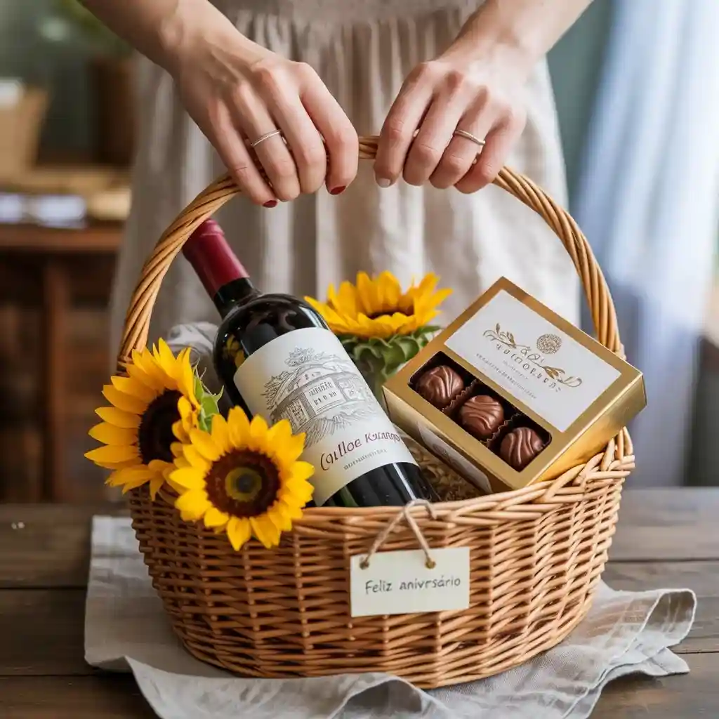 Cesta com vários itens premium como vinho, flores e chocolates